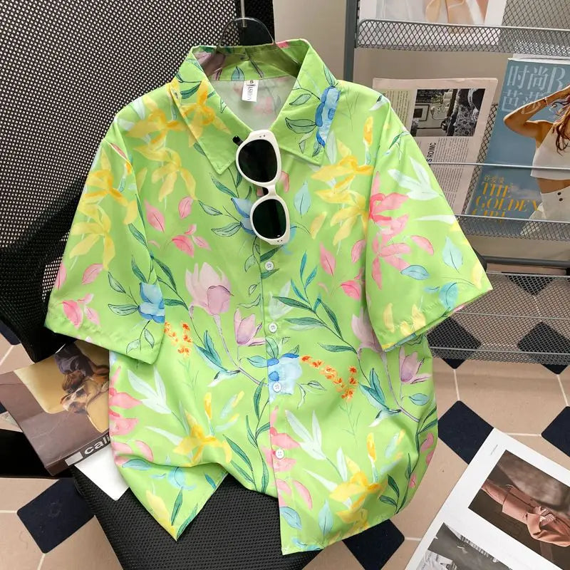 Camisa Masculina Floral Retro Suelta Playa Vanthea