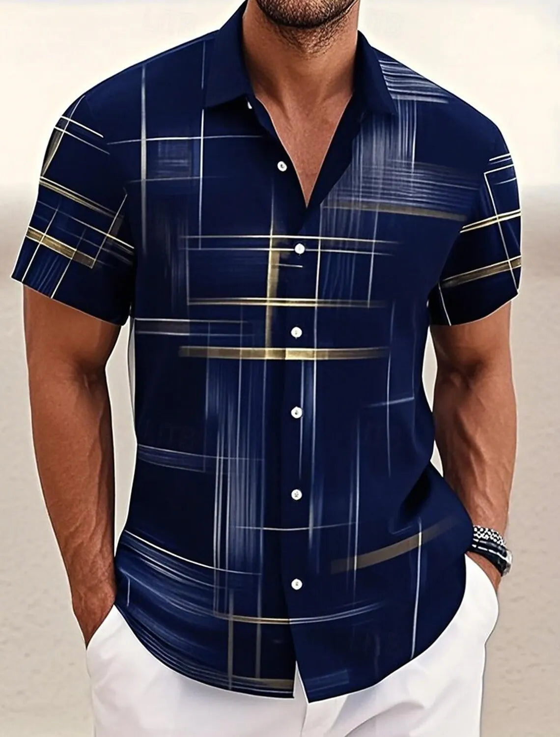 Camisa Masculina Geométrica Cuadros Verano Vanthea