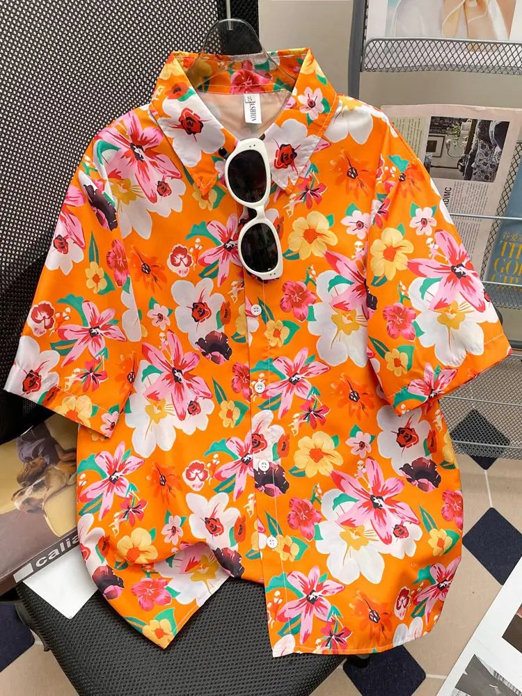 Camisa Masculina Floral Retro Suelta Playa Vanthea