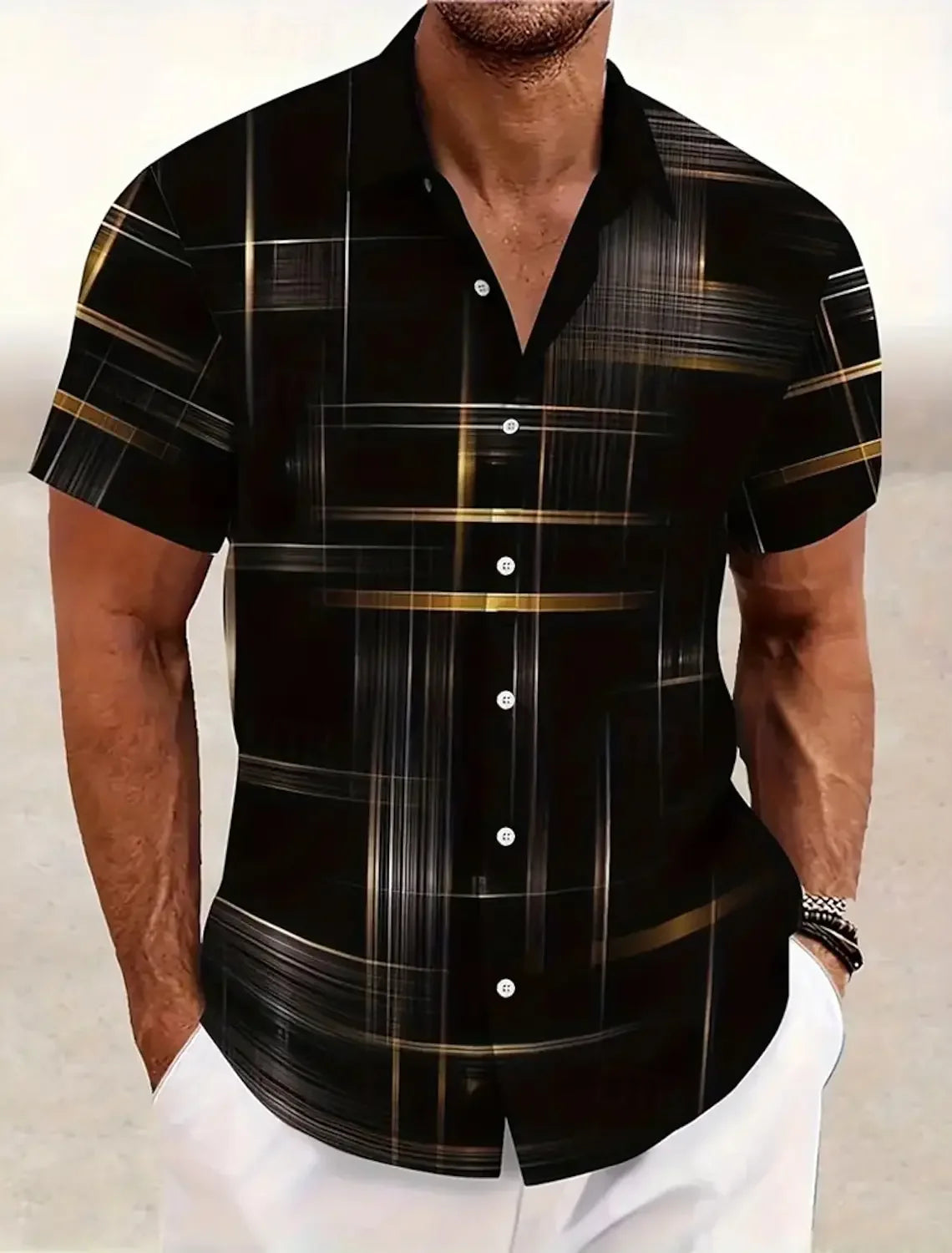 Camisa Masculina Geométrica Cuadros Verano Vanthea